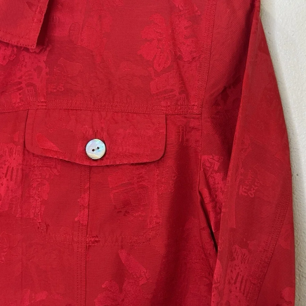 Chico's Silk Blend Full Zip Jacket Womens Sz 1 Red Embossed Long Sleeve Collared